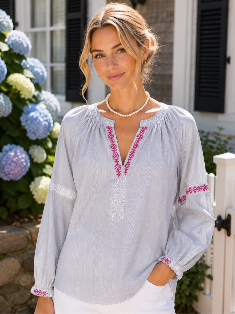 RUNGOLEE Blue, Pink, and White Relaxed Fit Embroidered Coastal Tunic, L